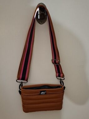 Think Royln Briwn Quilted Crossbody Bag with Pink/Black Stripe Strap_1